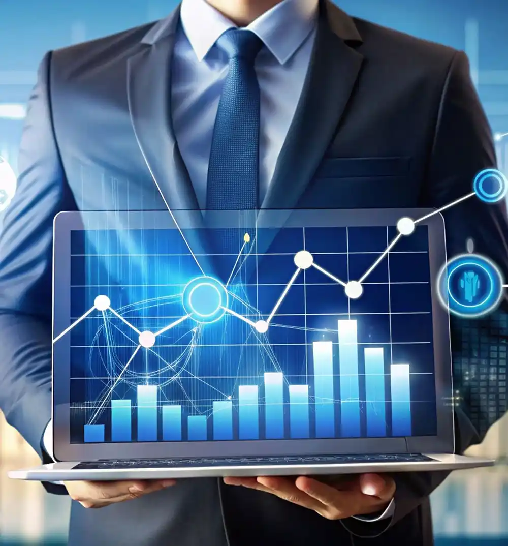 Businessman with a laptop displaying graphs, emphasizing scalable growth and cross-platform compatibility for a web designing company.