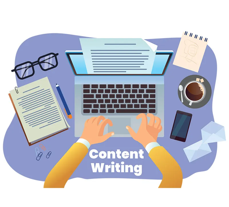 A workspace featuring a laptop with hands typing, papers, glasses, a smartphone, and a cup of coffee, focused on content writing.