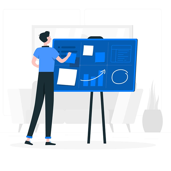  A man stands by a blue board with a white background, presenting ideas on website design for Discovery & Planning.