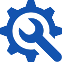 A blue gearwheel featuring a wrench positioned in the center, symbolizing use of Latest equipment. 