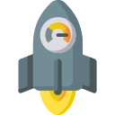 Icon of a rocket with a clock, highlighting the significance of rapid loading speeds in modern website design practices.