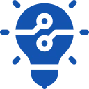A blue light bulb with a distinct symbol, glowing softly in a simple setting.