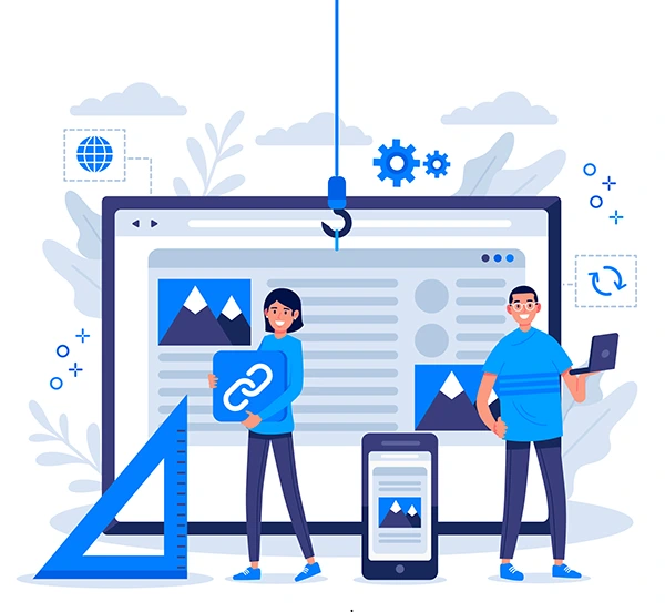 Team collaborating on website design, featuring a blue background, focused on wireframing concepts and layout planning.