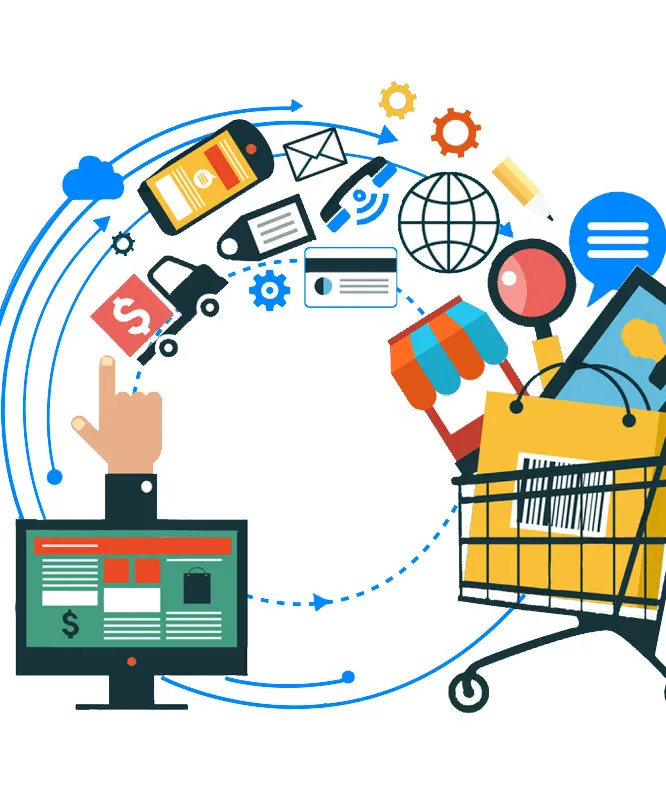 A hand points at a computer screen showcasing online shopping, surrounded by icons of shopping carts, phones, and communication tools.